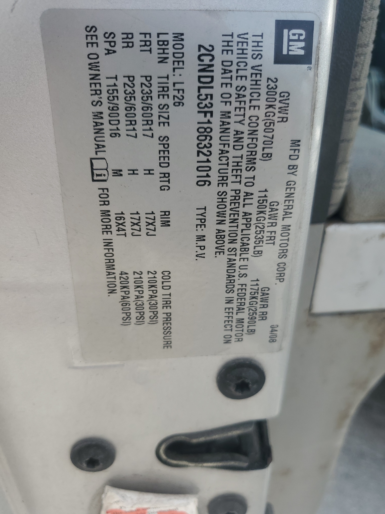 2CNDL53F186321016 2008 Chevrolet Equinox Lt