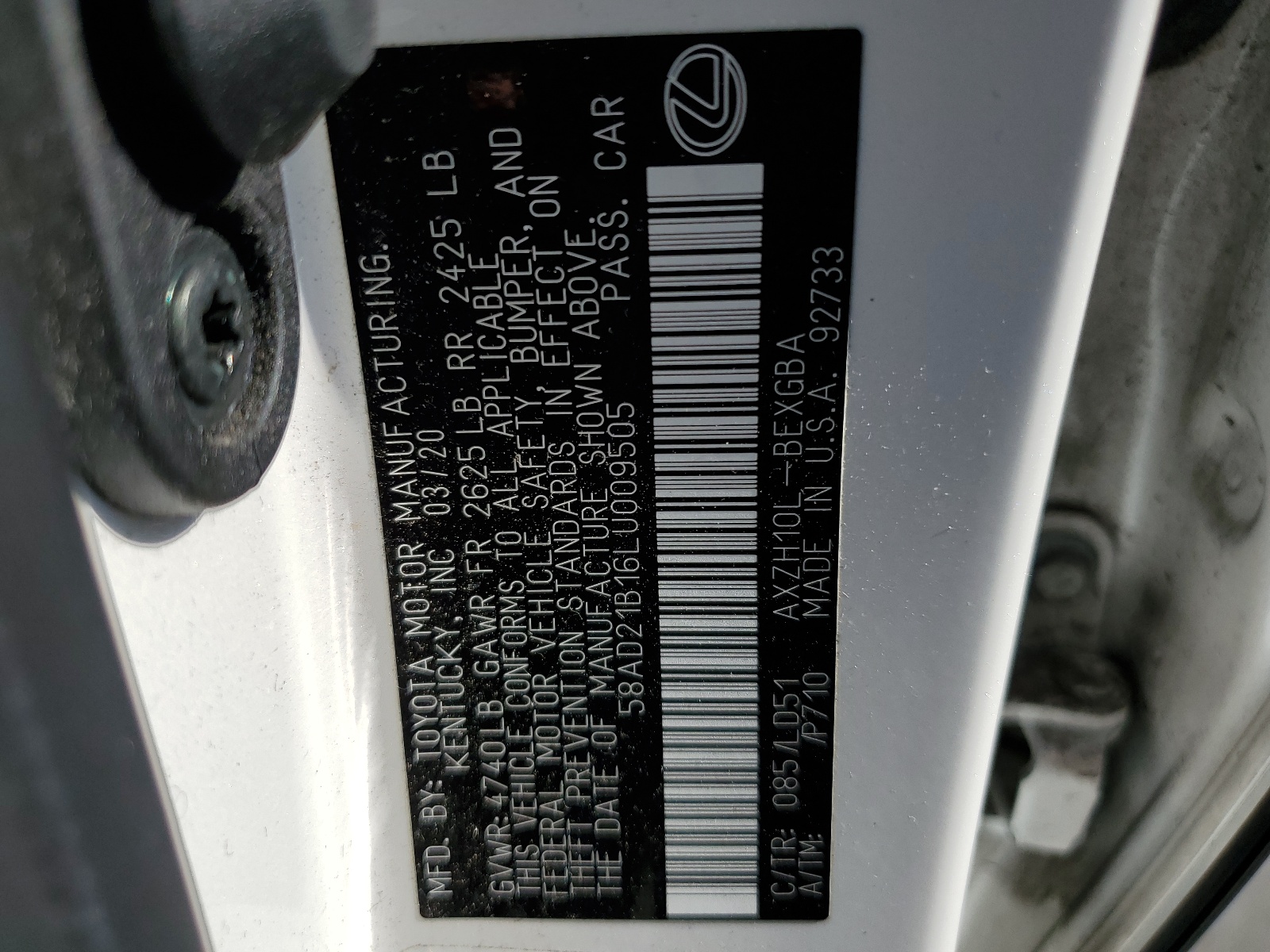 58AD21B16LU009505 2020 Lexus Es 300H