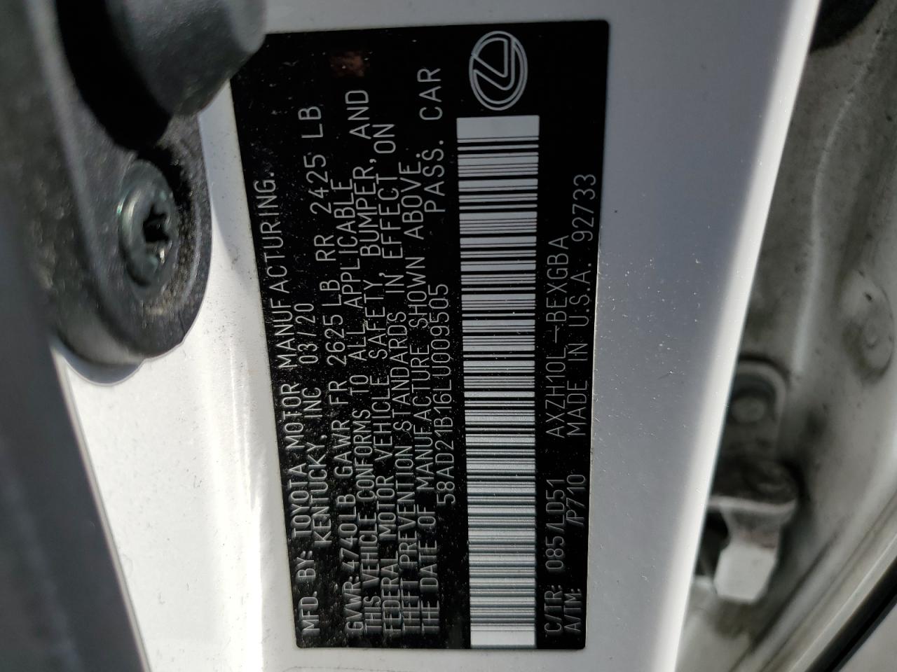 2020 Lexus Es 300H VIN: 58AD21B16LU009505 Lot: 59040544