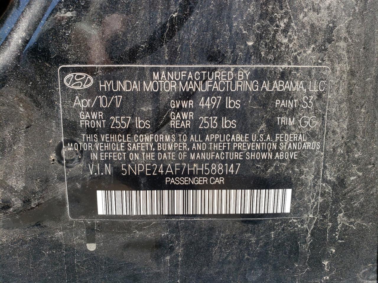 2017 Hyundai Sonata Se VIN: 5NPE24AF7HH588147 Lot: 58024874