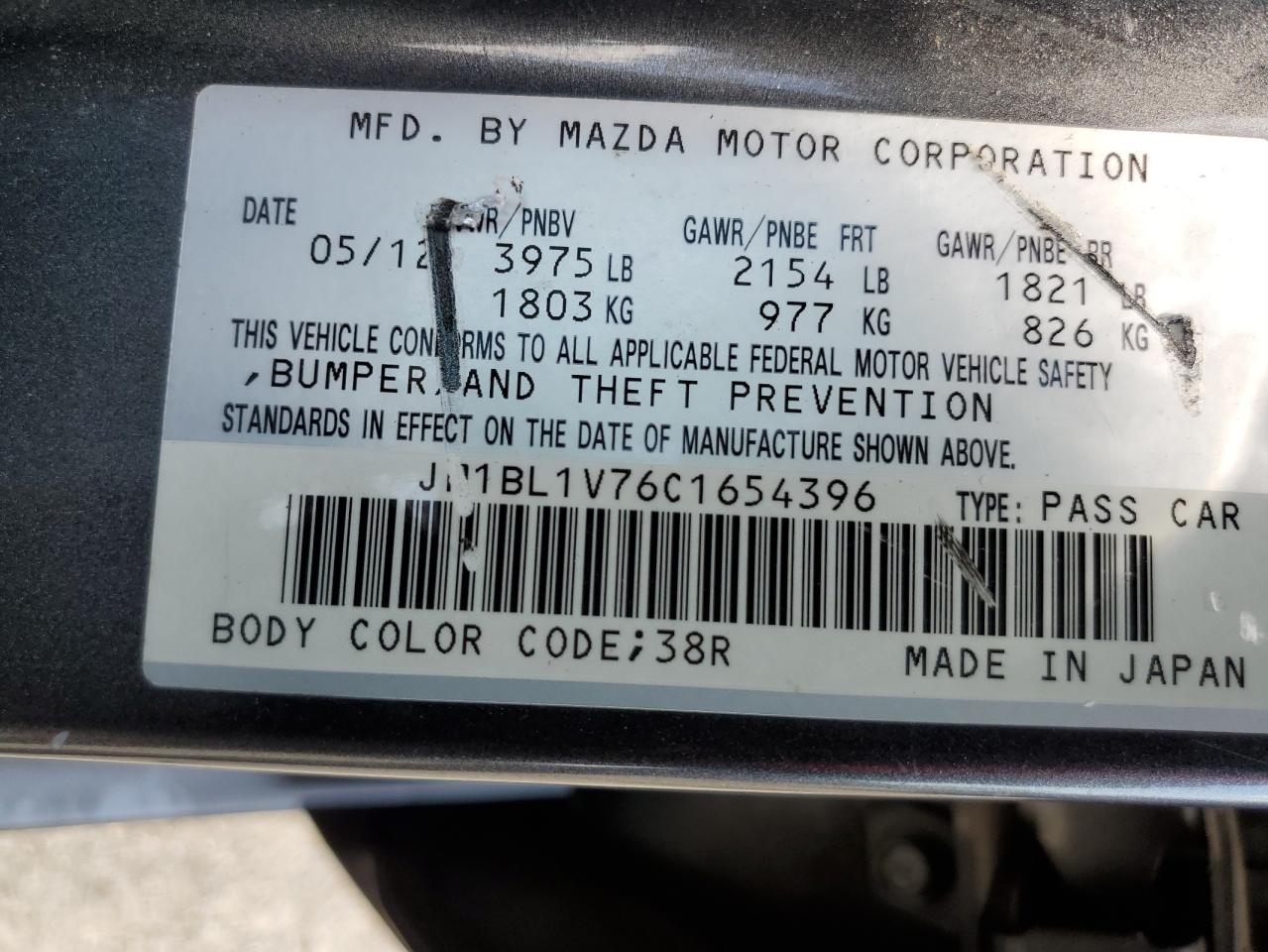 2012 Mazda 3 I VIN: JM1BL1V76C1654396 Lot: 57916964