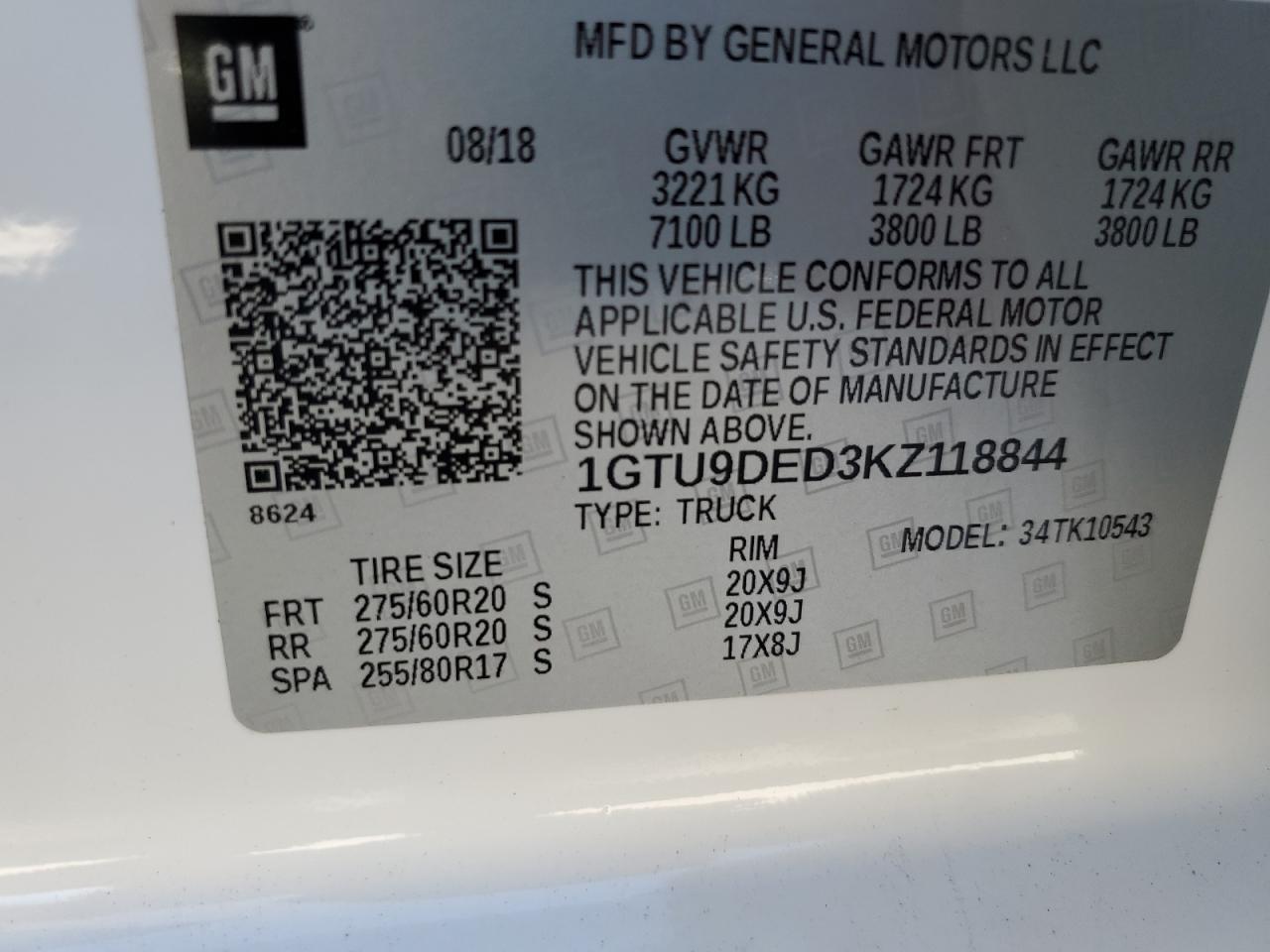 2019 GMC Sierra K1500 Slt VIN: 1GTU9DED3KZ118844 Lot: 58710214