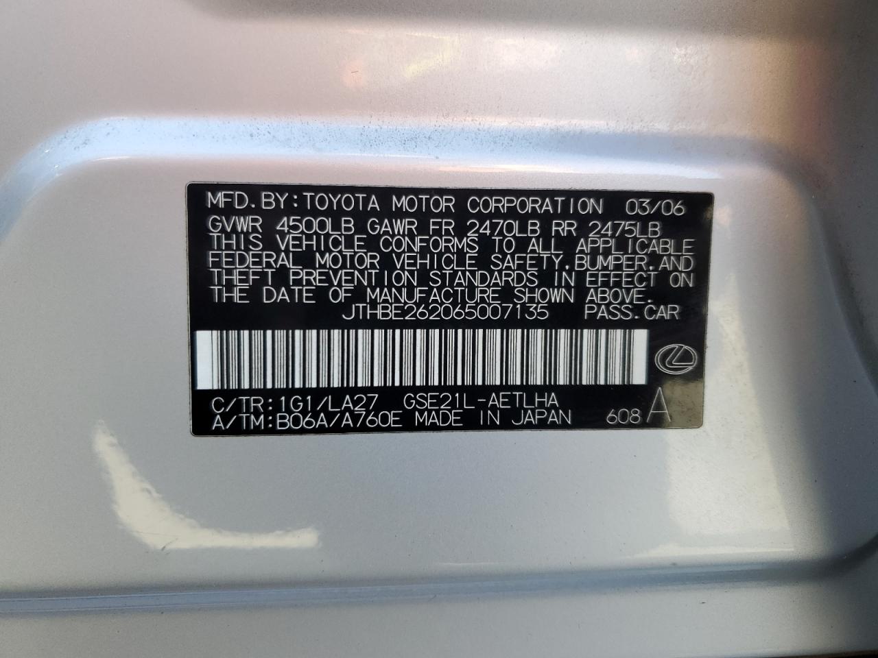 2006 Lexus Is 350 VIN: JTHBE262065007135 Lot: 60462854