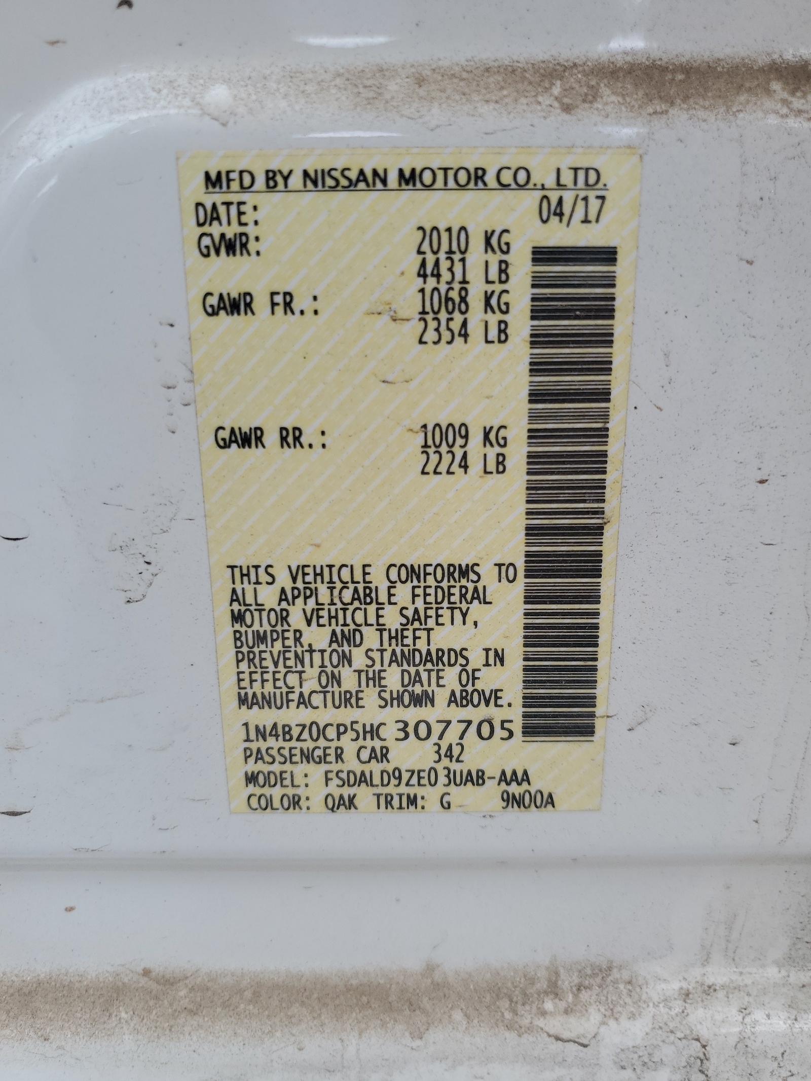 1N4BZ0CP5HC307705 2017 Nissan Leaf S