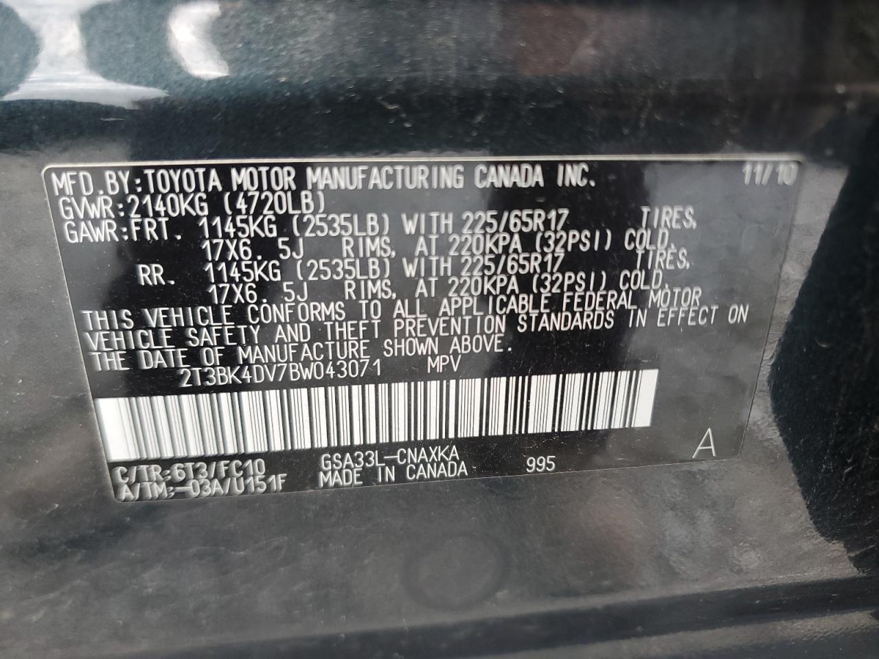 2011 Toyota Rav4 VIN: 2T3BK4DV7BW043071 Lot: 58988044