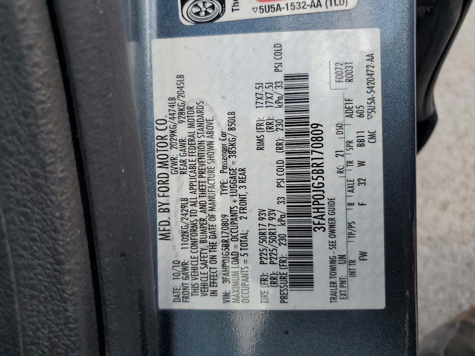 3FAHP0JG5BR170809 2011 Ford Fusion Sel
