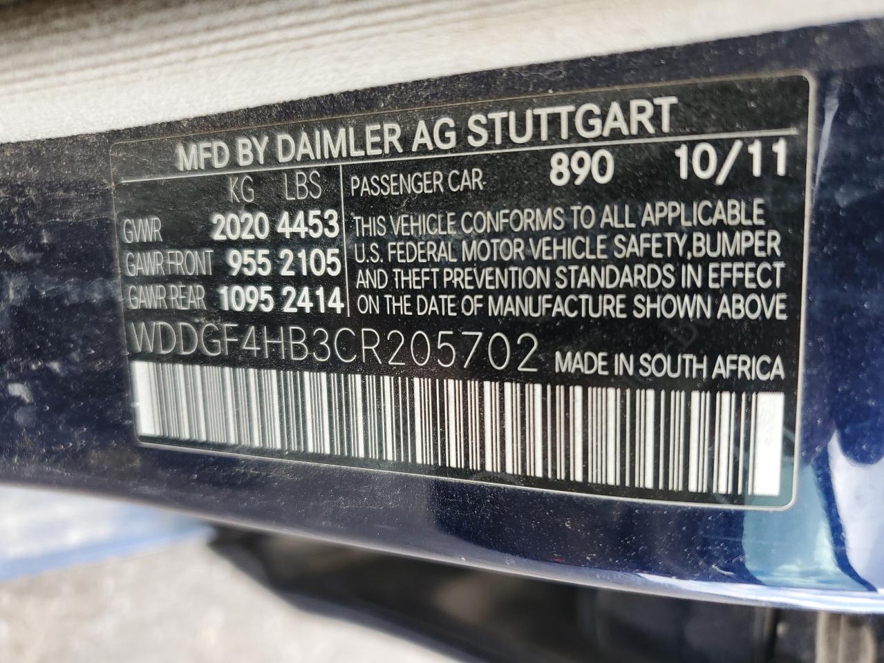 2012 Mercedes-Benz C 250 VIN: WDDGF4HB3CR205702 Lot: 60929484