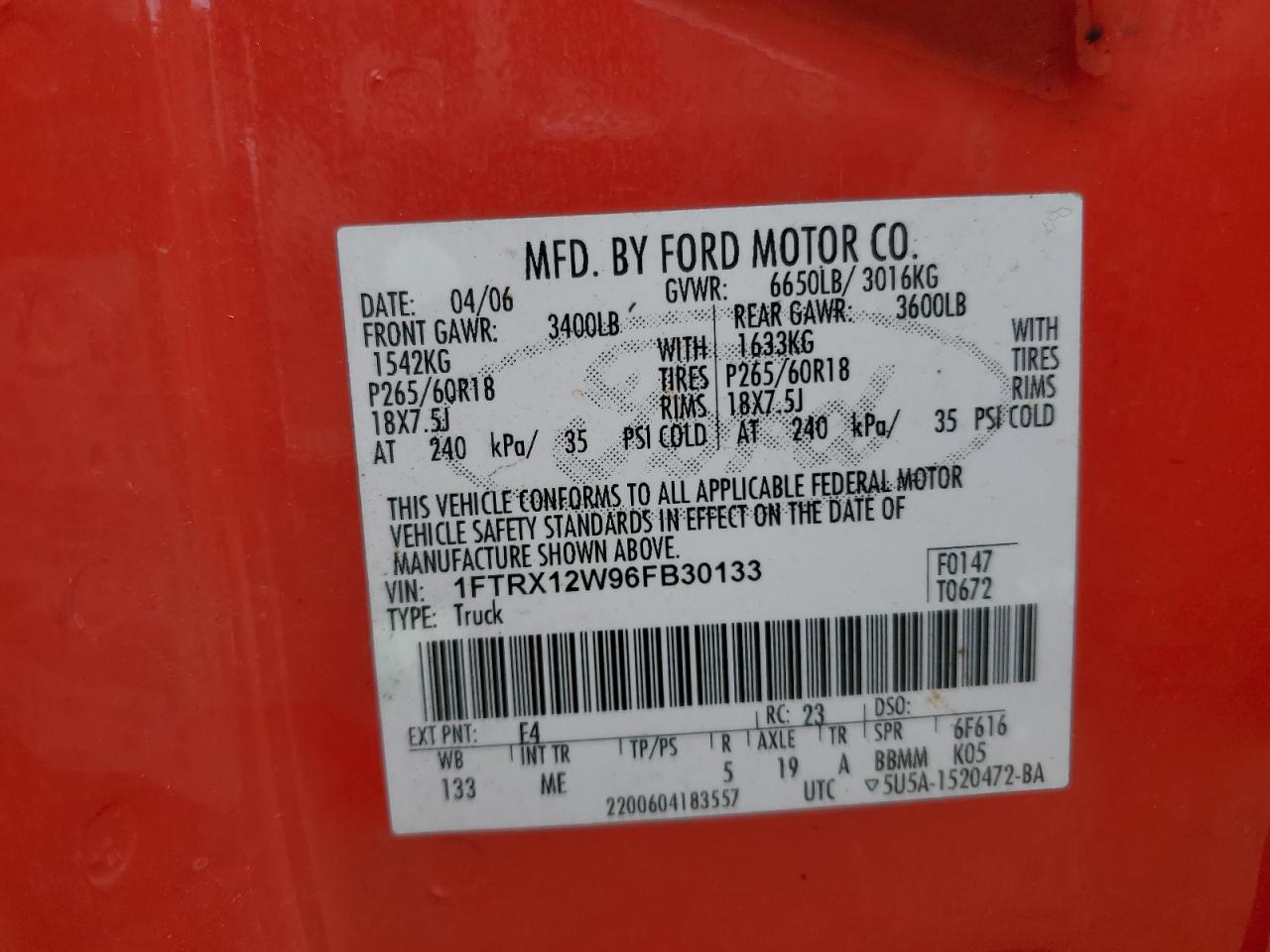 2006 Ford F150 VIN: 1FTRX12W96FB30133 Lot: 57942484