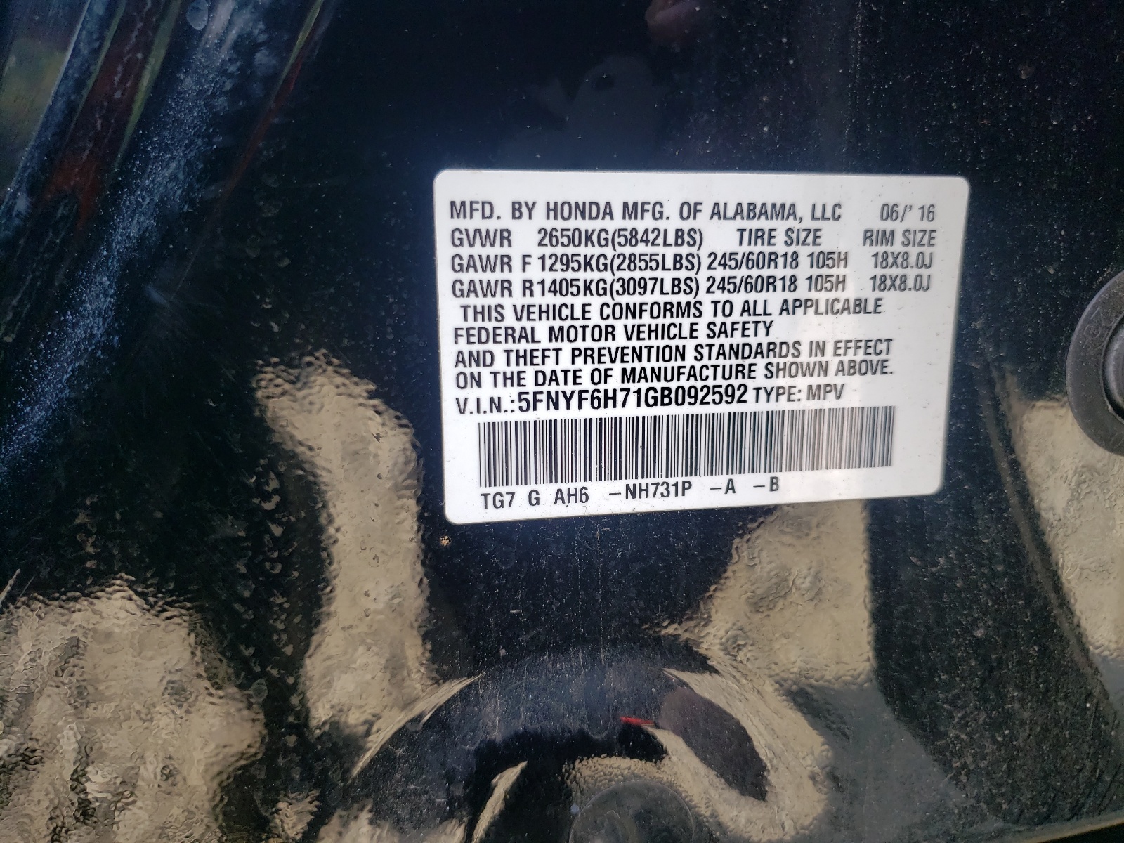 5FNYF6H71GB092592 2016 Honda Pilot Exln