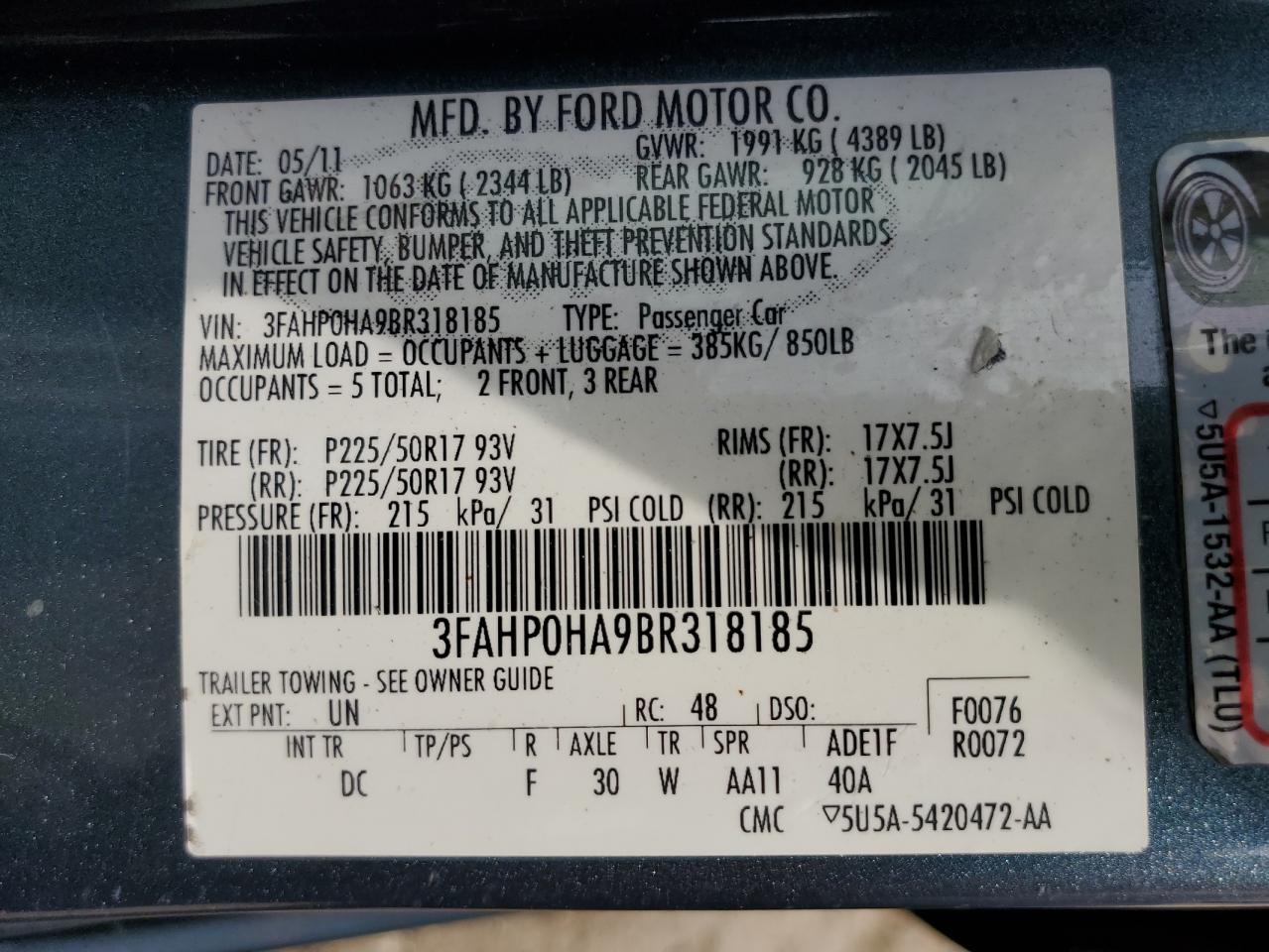 3FAHP0HA9BR318185 2011 Ford Fusion Se