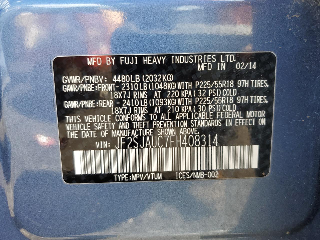 2015 Subaru Forester 2.5I Touring VIN: JF2SJAUC7FH408314 Lot: 60469264