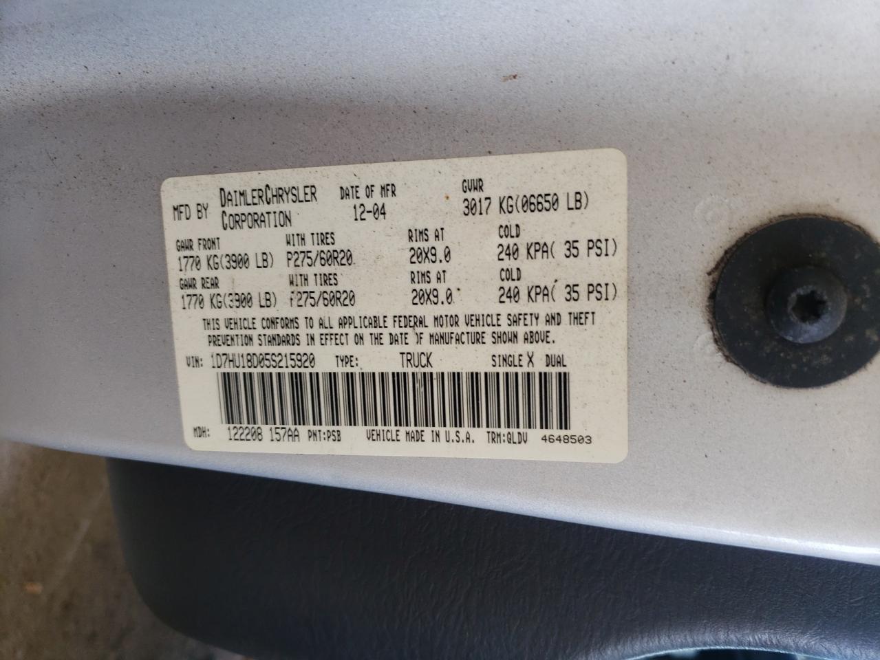 2005 Dodge Ram 1500 St VIN: 1D7HU18D05S215920 Lot: 59334044