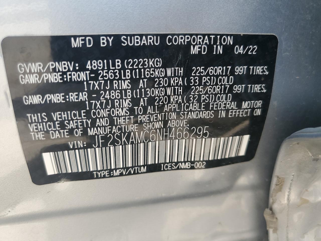 2022 Subaru Forester Wilderness VIN: JF2SKAMC6NH466295 Lot: 60158454