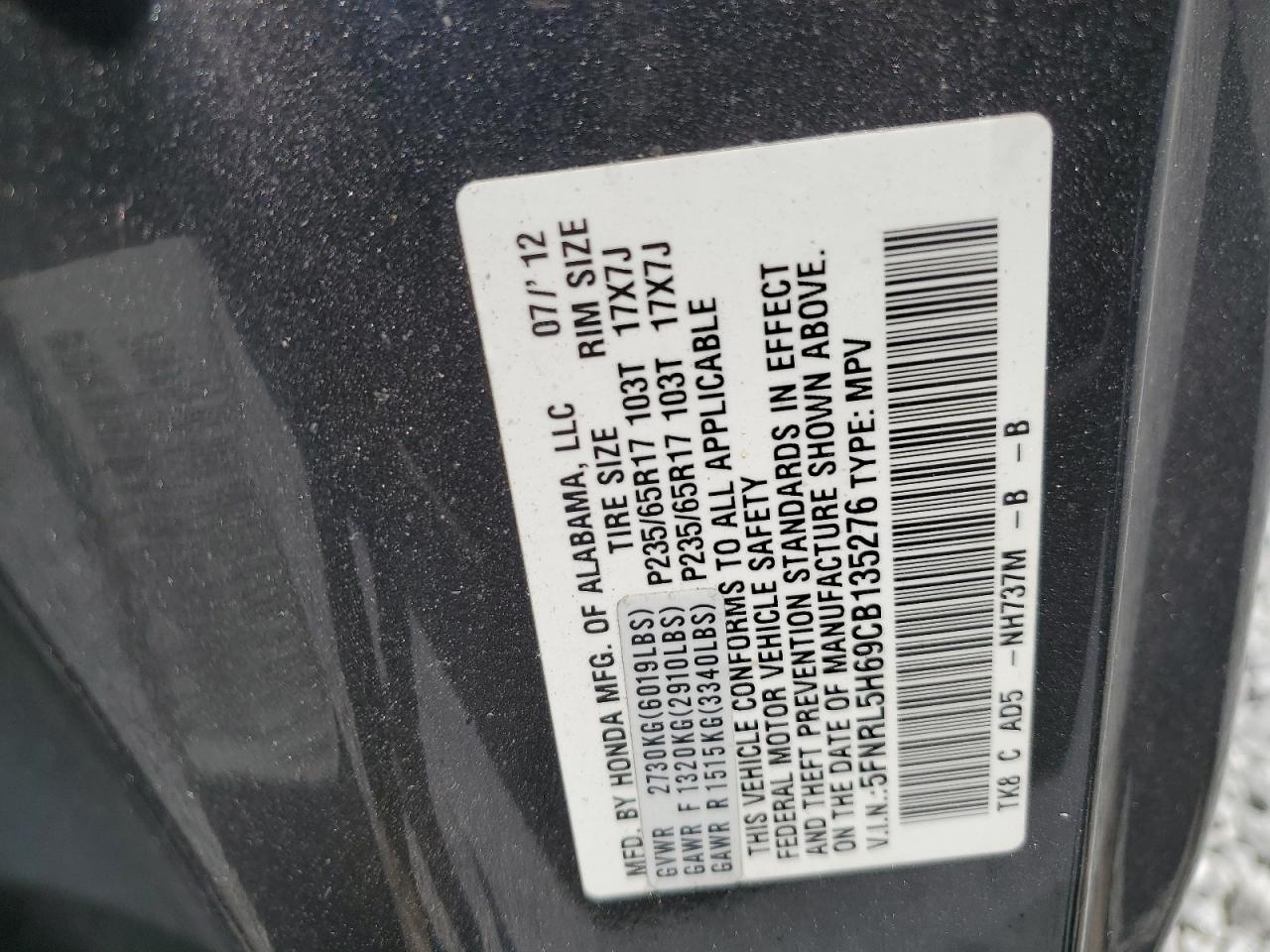 2012 Honda Odyssey Exl VIN: 5FNRL5H69CB135276 Lot: 60445744