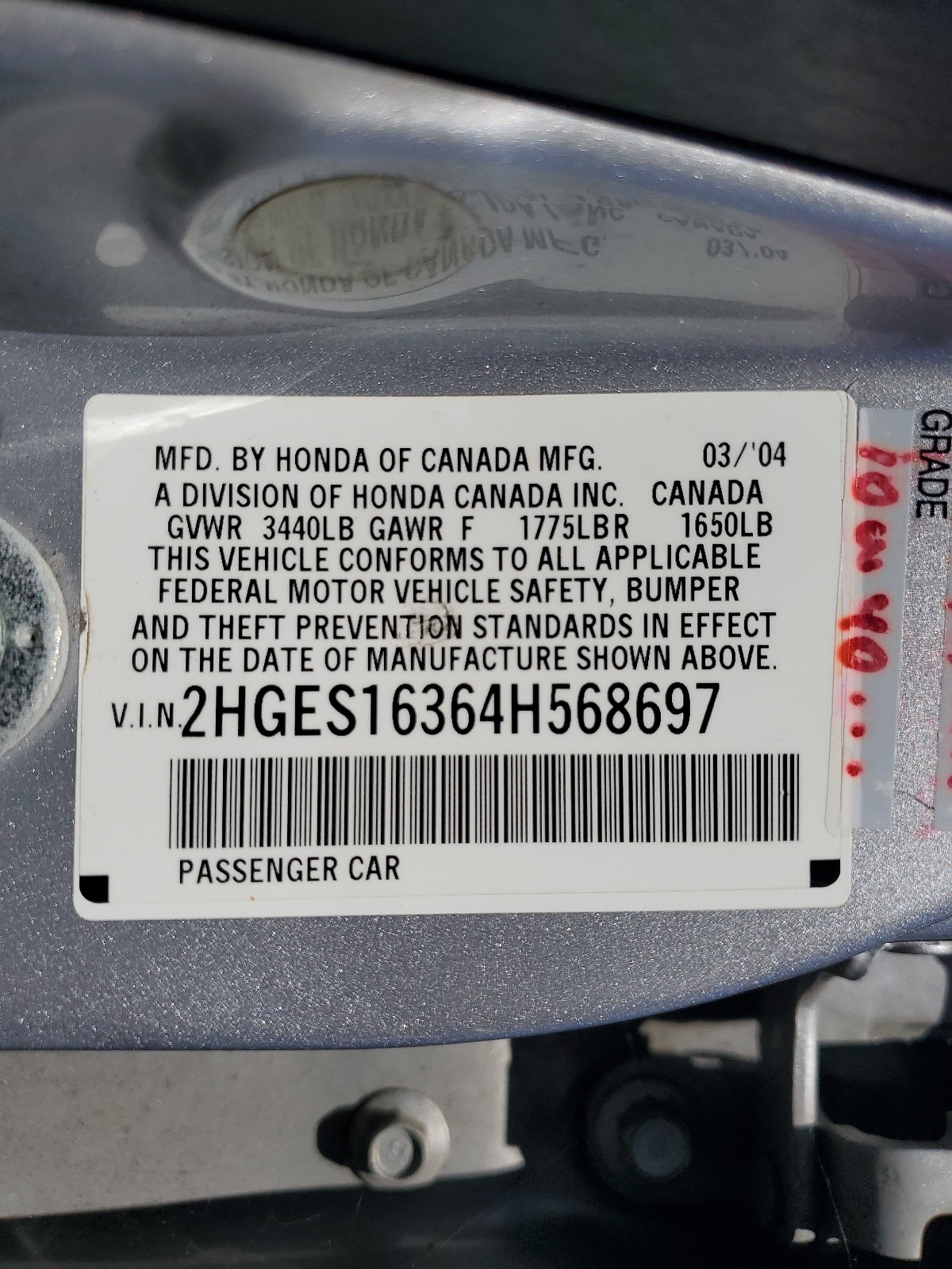 2HGES16364H568697 2004 Honda Civic Dx Vp