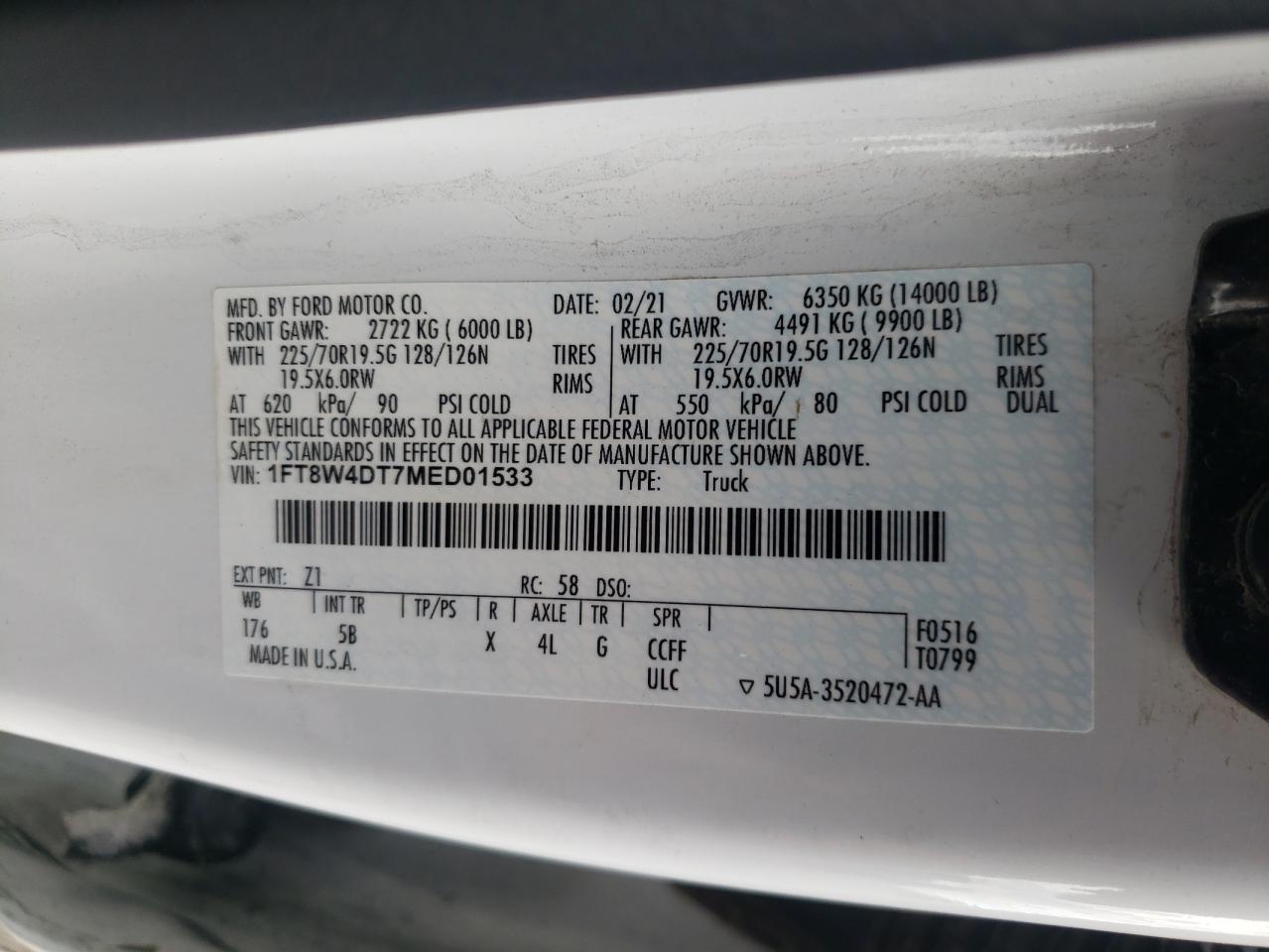 2021 Ford F450 Super Duty VIN: 1FT8W4DT7MED01533 Lot: 60742114