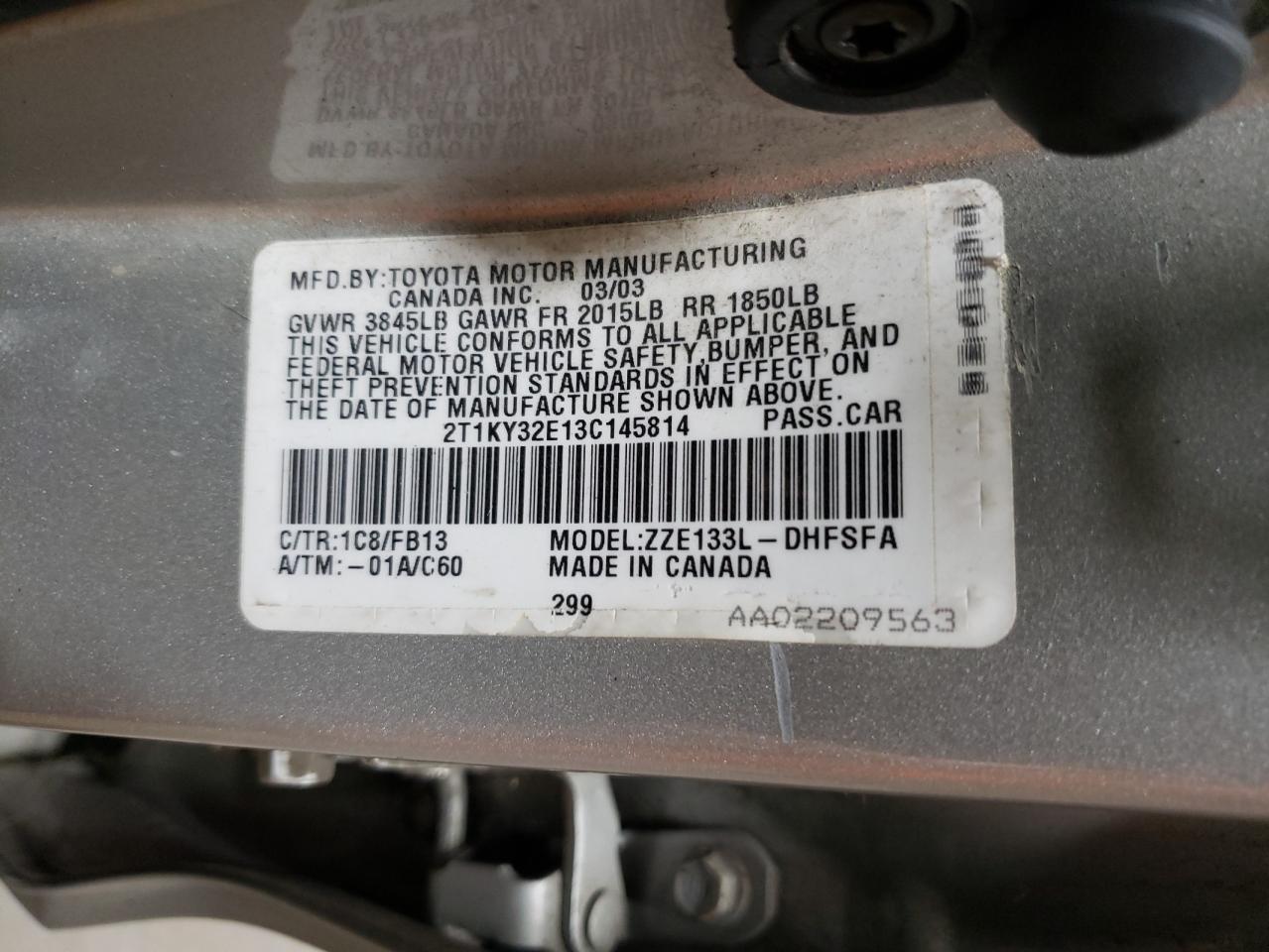 2003 Toyota Corolla Matrix Xrs VIN: 2T1KY32E13C145814 Lot: 60505214