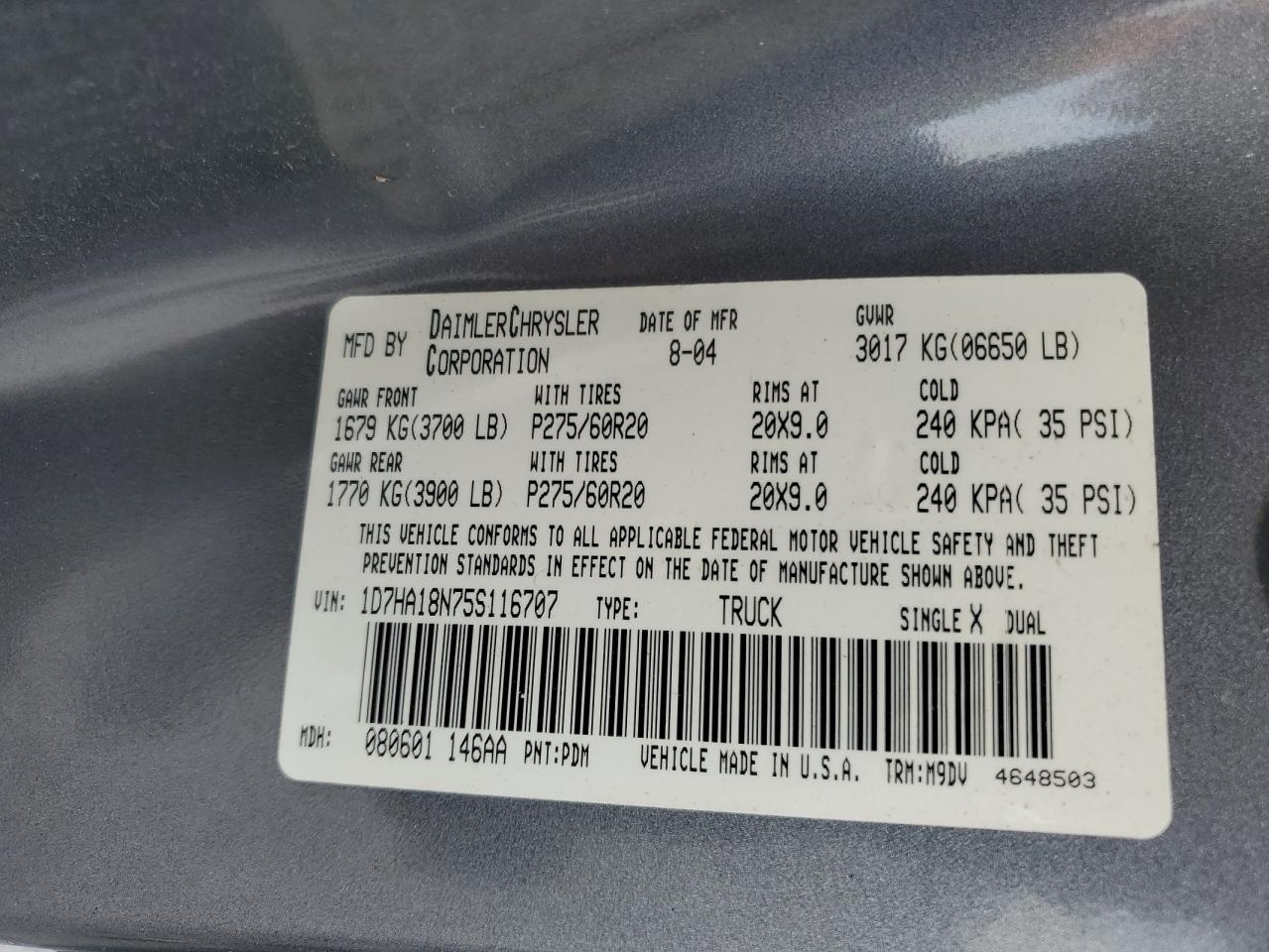 2005 Dodge Ram 1500 St VIN: 1D7HA18N75S116707 Lot: 58921604