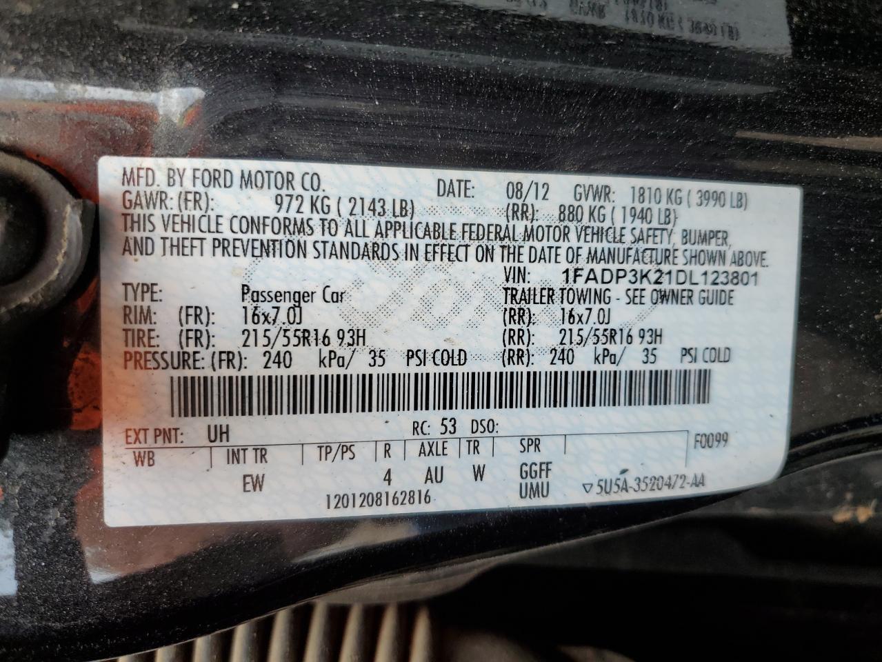 2013 Ford Focus Se VIN: 1FADP3K21DL123801 Lot: 59413994