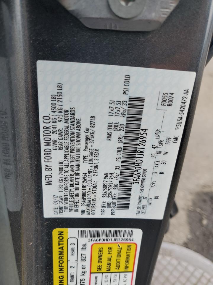 2018 Ford Fusion Se VIN: 3FA6P0HD1JR126954 Lot: 59854934