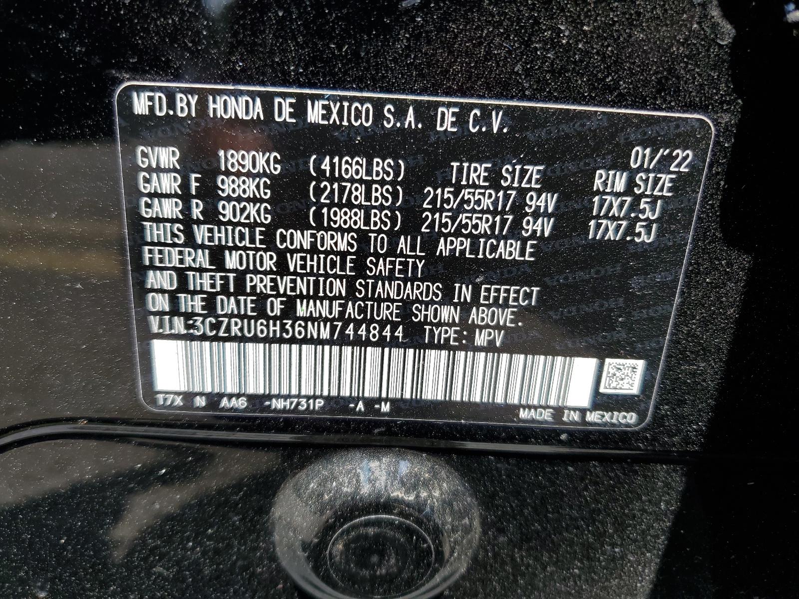 3CZRU6H36NM744844 2022 Honda Hr-V Lx