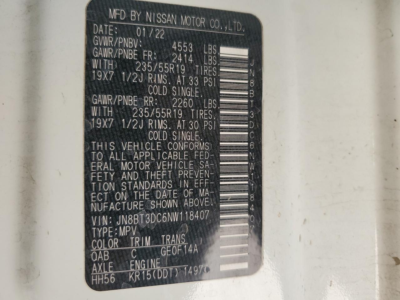 2022 Nissan Rogue Platinum VIN: JN8BT3DC6NW118407 Lot: 58573484