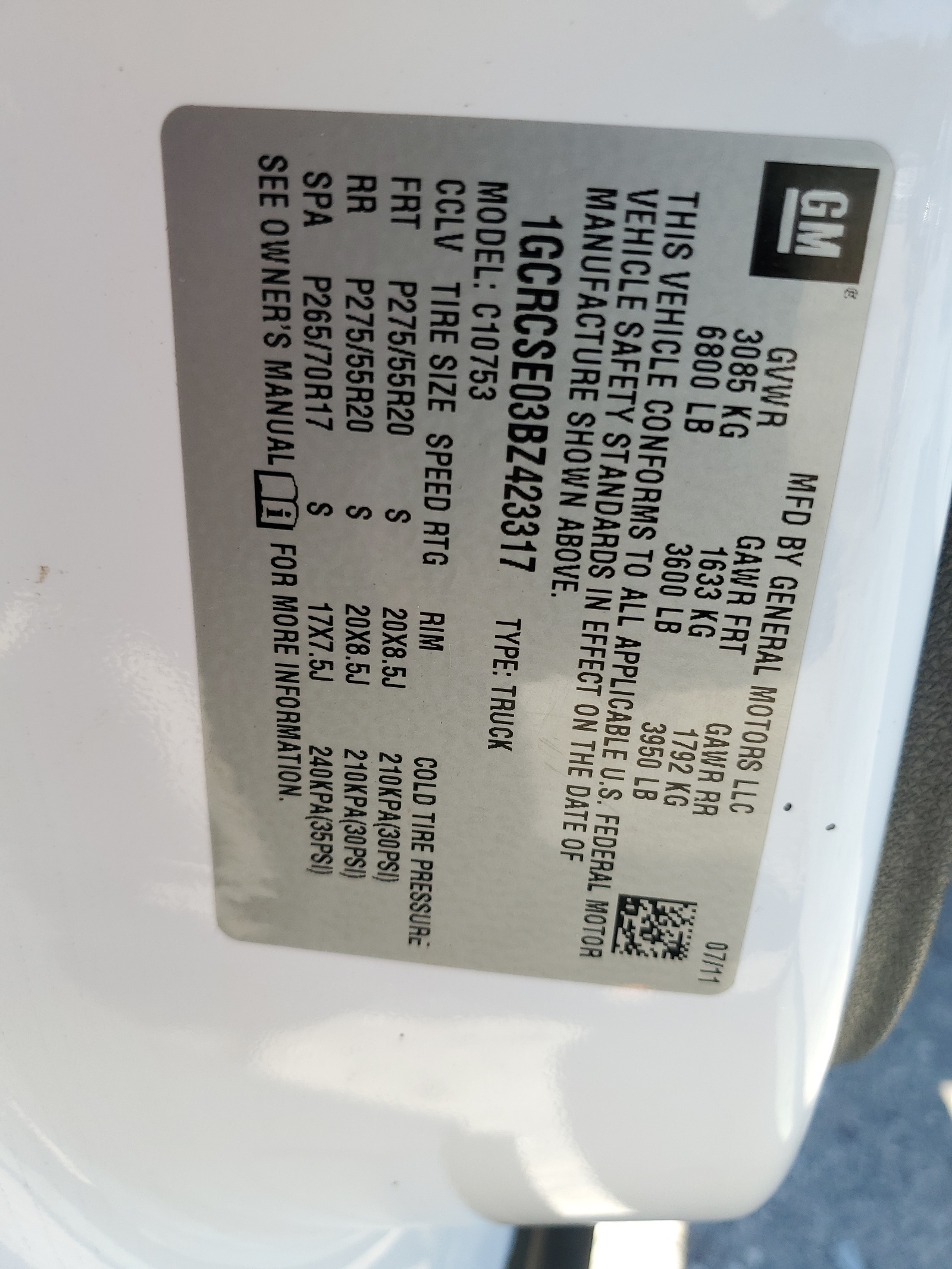 1GCRCSE03BZ423317 2011 Chevrolet Silverado C1500 Lt