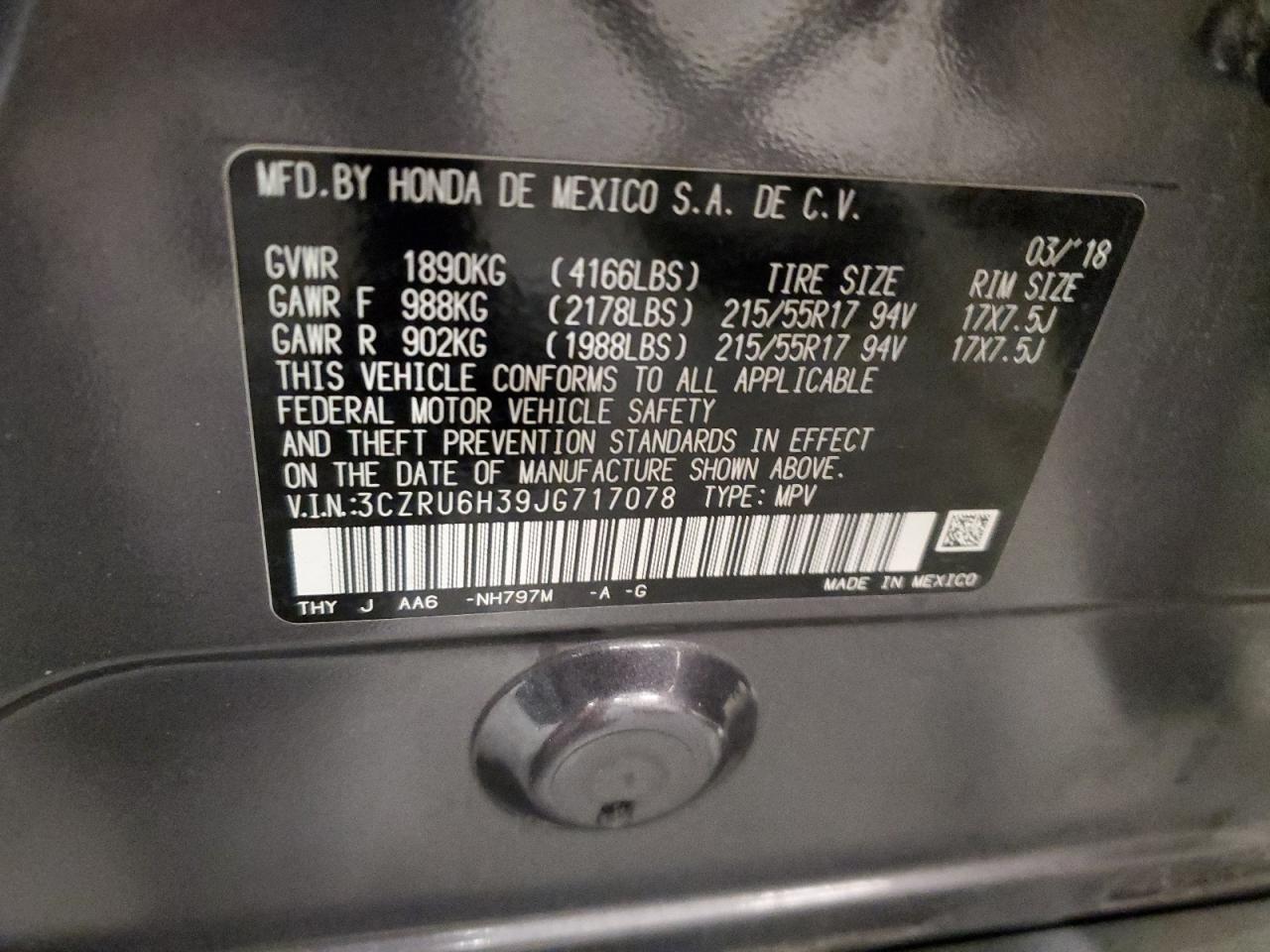 2018 Honda Hr-V Lx VIN: 3CZRU6H39JG717078 Lot: 59146374