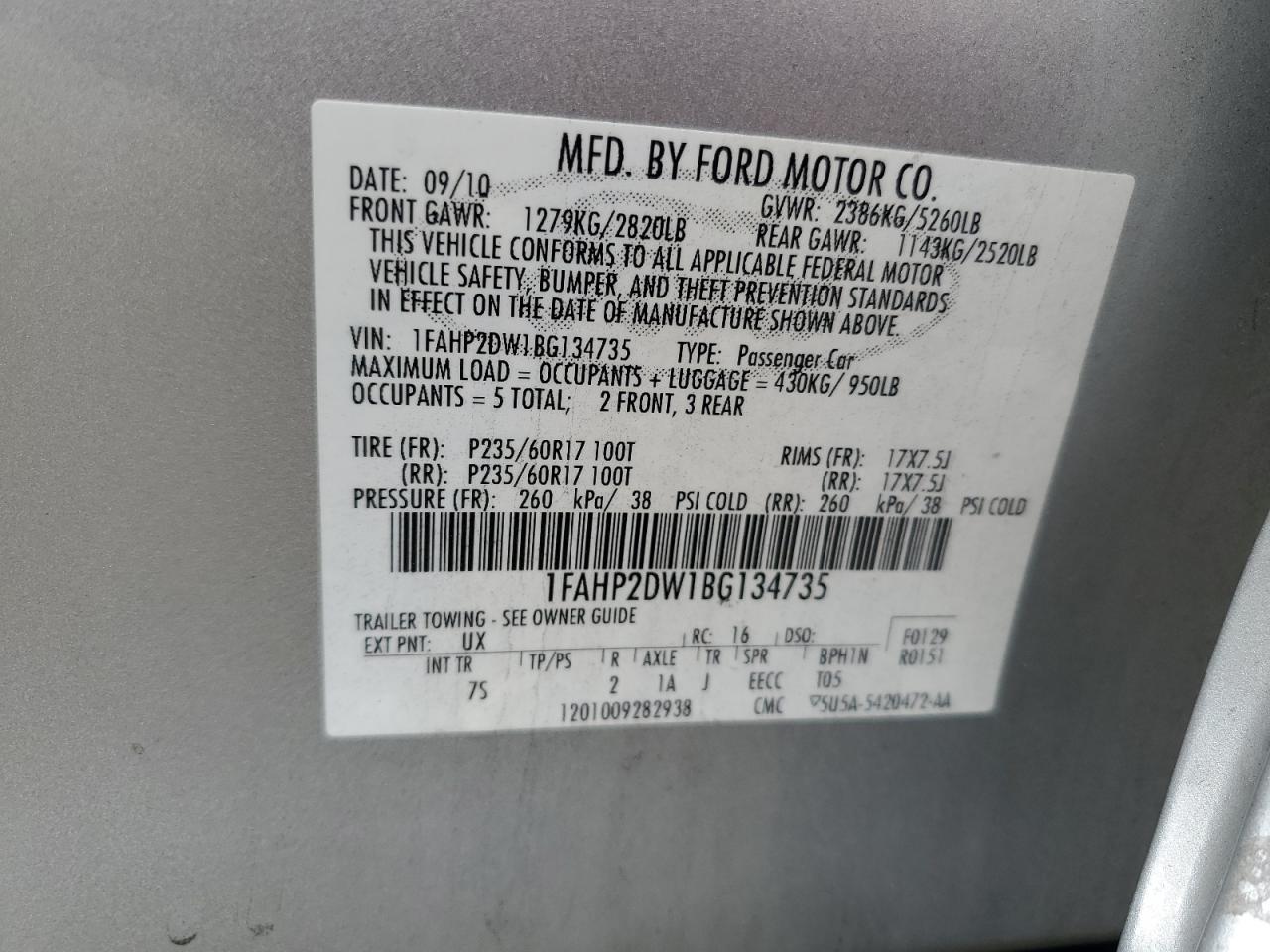 2011 Ford Taurus Se VIN: 1FAHP2DW1BG134735 Lot: 58738374