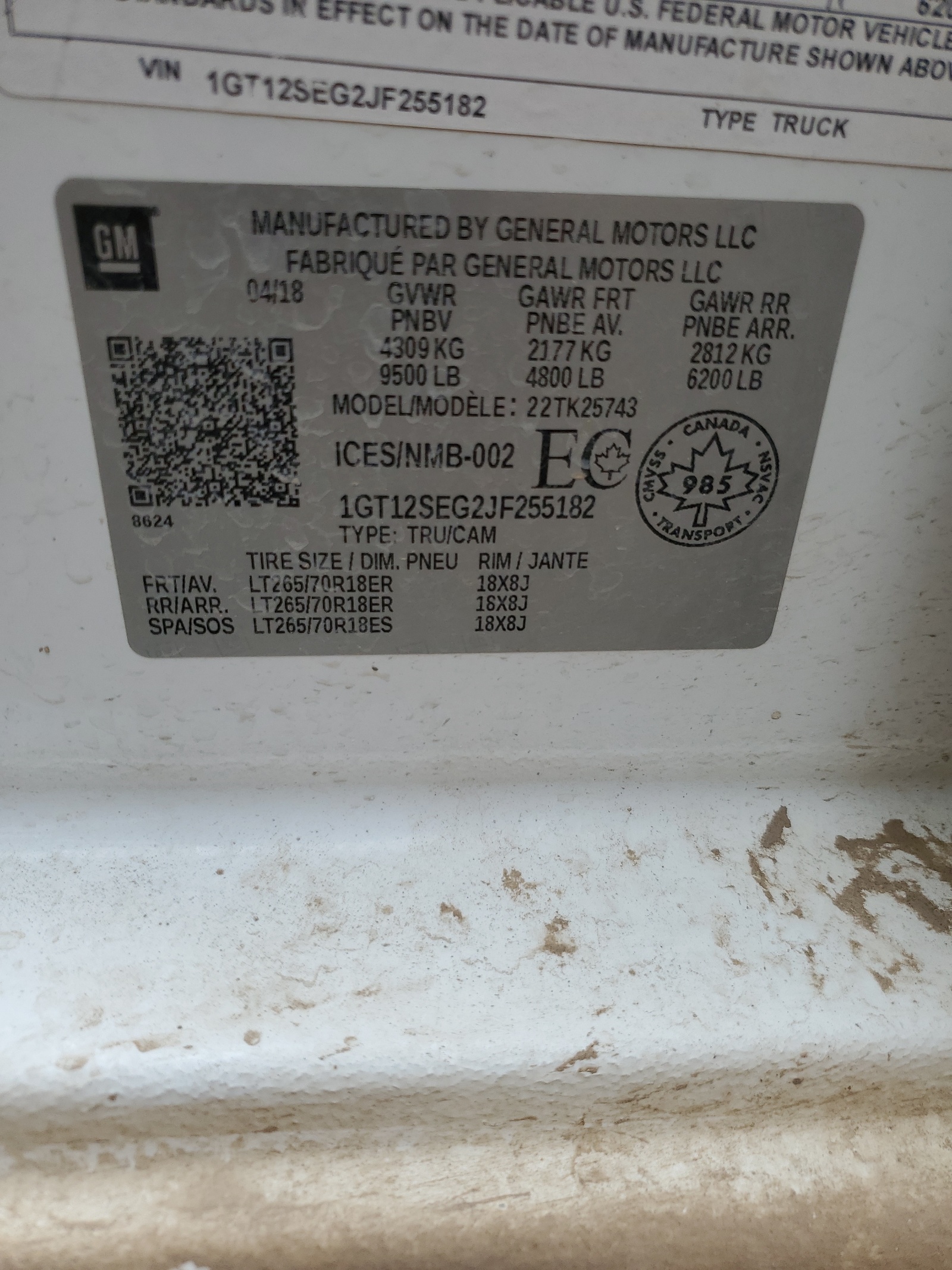 1GT12SEG2JF255182 2018 GMC Sierra K2500 Sle