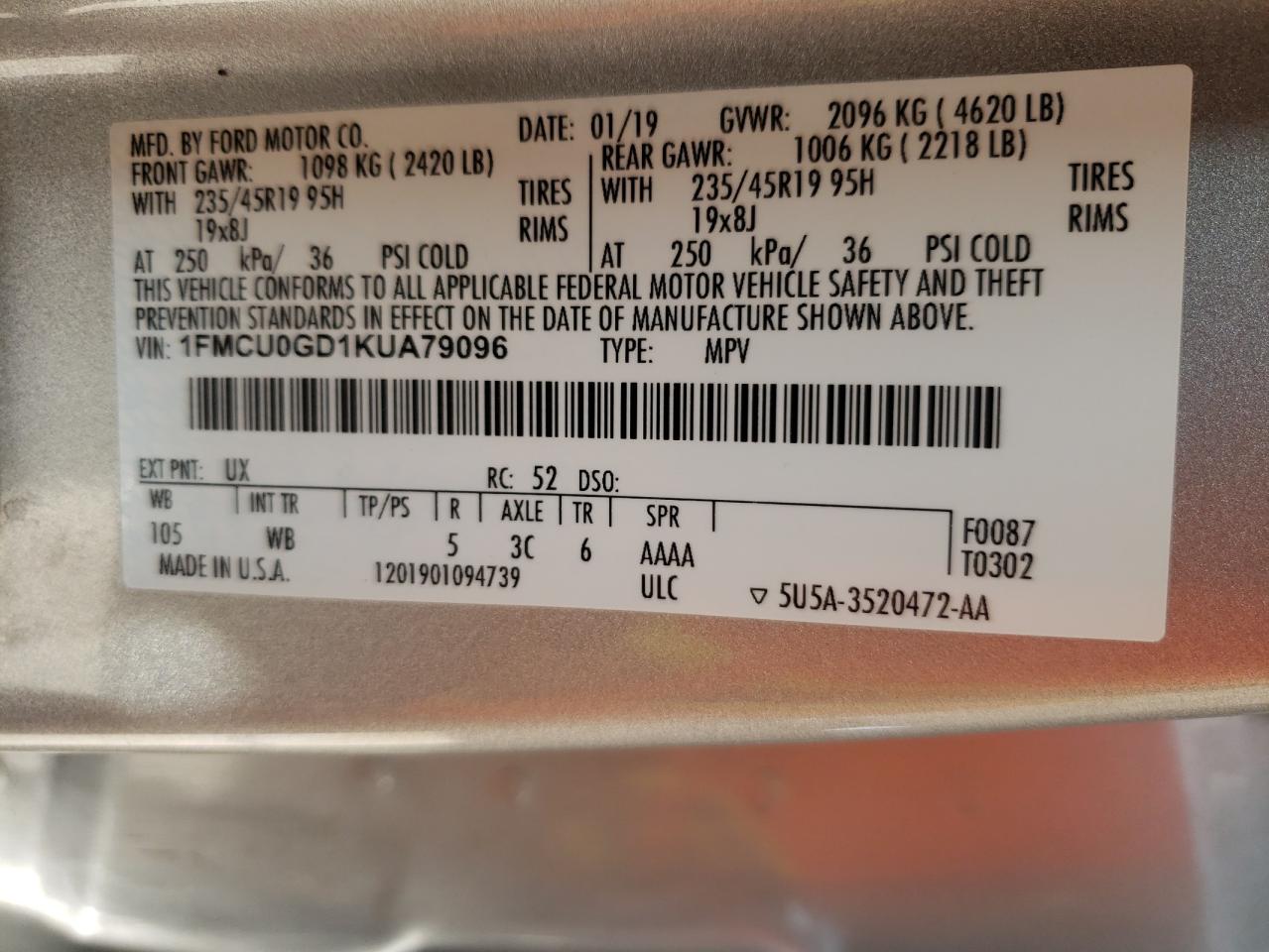 2019 Ford Escape Se VIN: 1FMCU0GD1KUA79096 Lot: 58828814