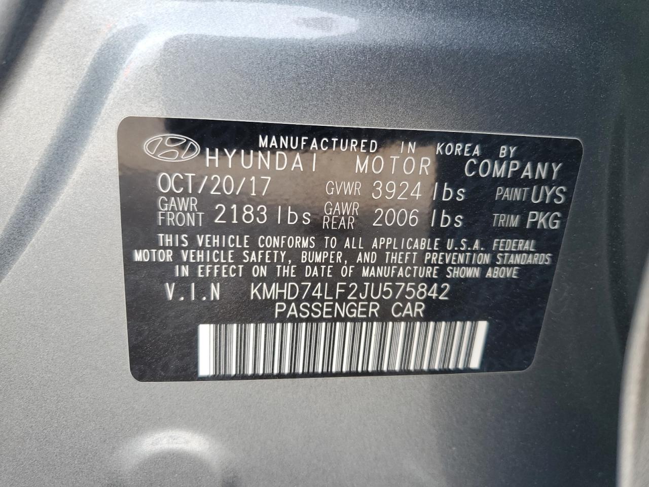 2018 Hyundai Elantra Se VIN: KMHD74LF2JU575842 Lot: 60864504