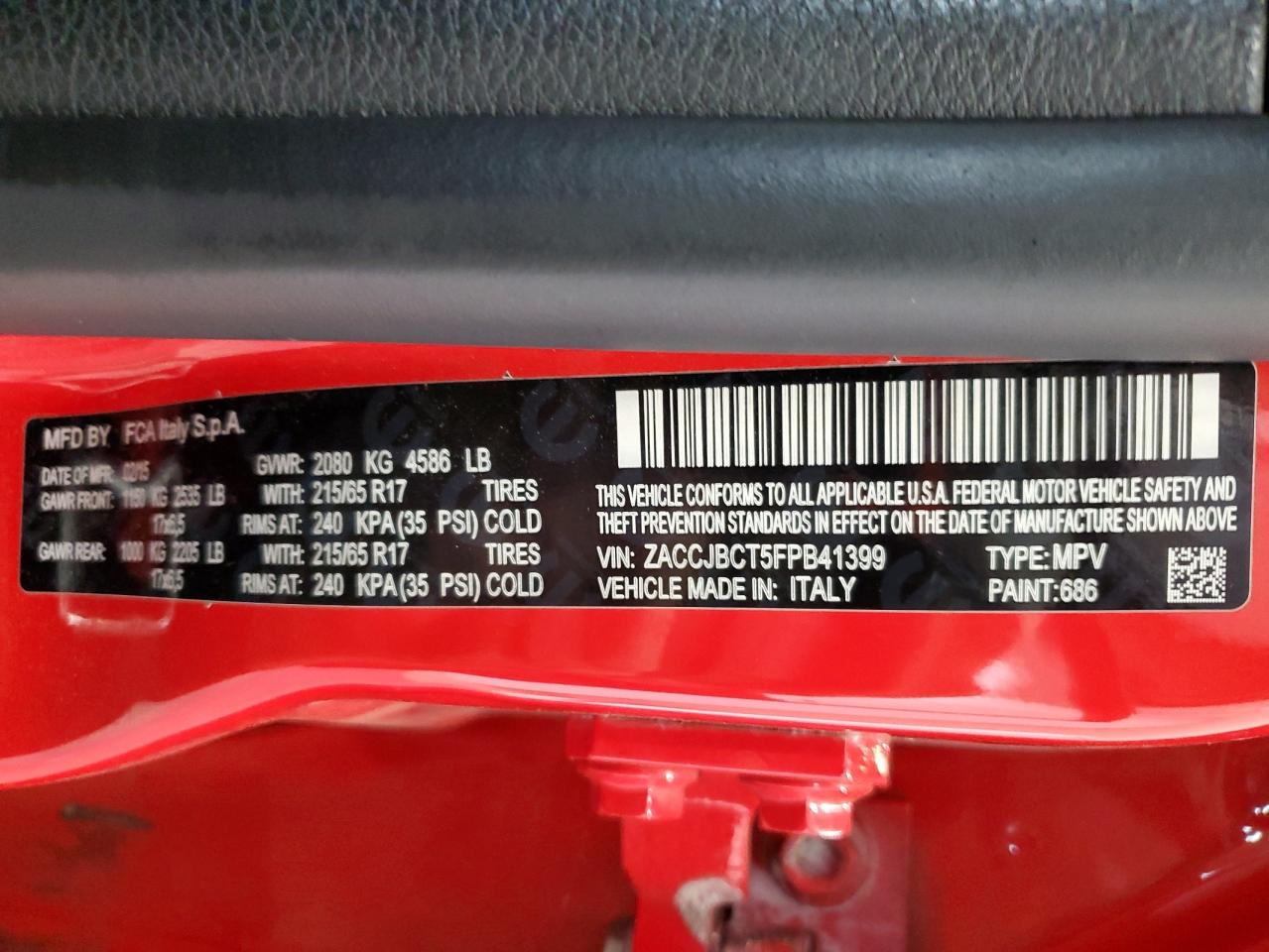 2015 Jeep Renegade Trailhawk VIN: ZACCJBCT5FPB41399 Lot: 58201634