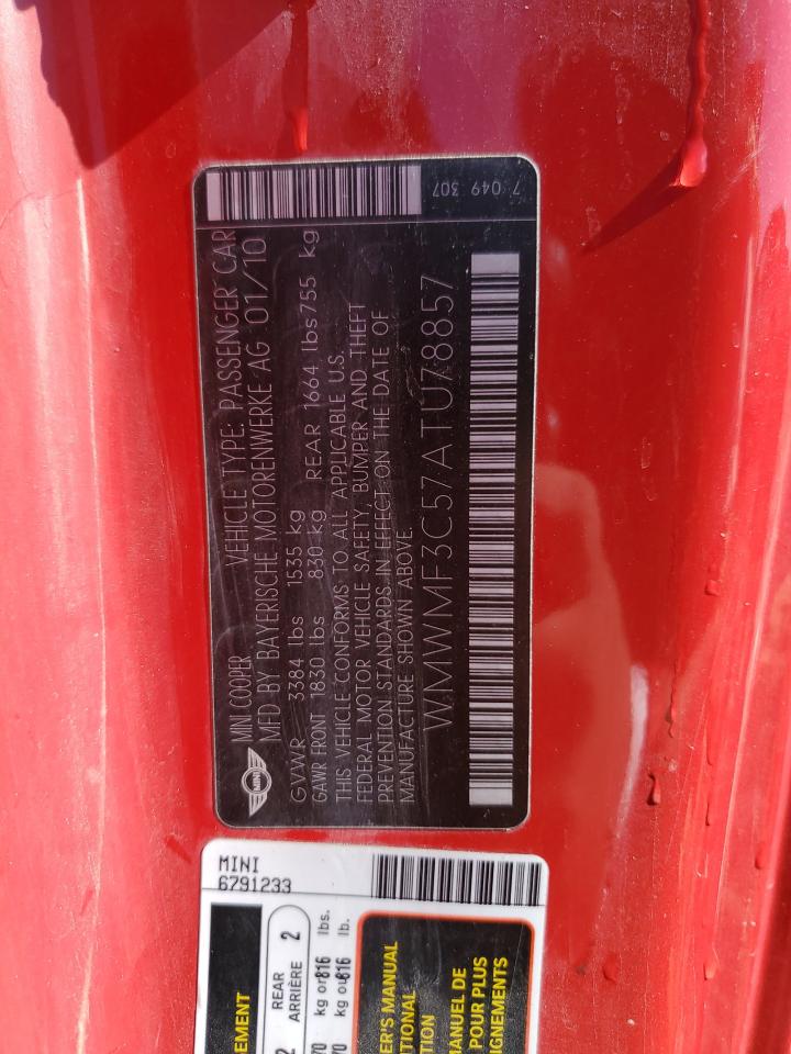 2010 Mini Cooper VIN: WMWMF3C57ATU78857 Lot: 57727174