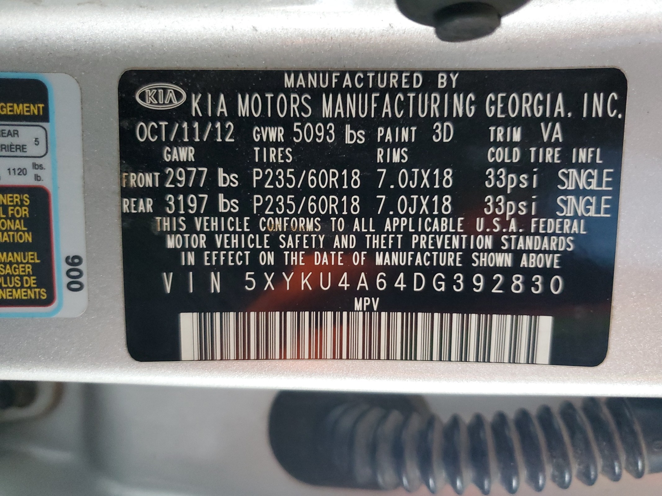 5XYKU4A64DG392830 2013 Kia Sorento Ex