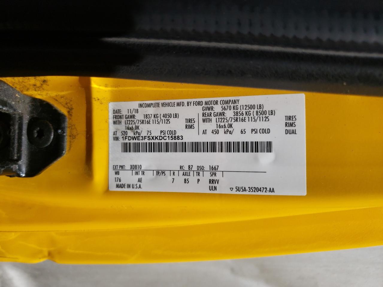 2019 Ford Econoline E350 Super Duty Cutaway Van VIN: 1FDWE3FSXKDC15883 Lot: 59973474