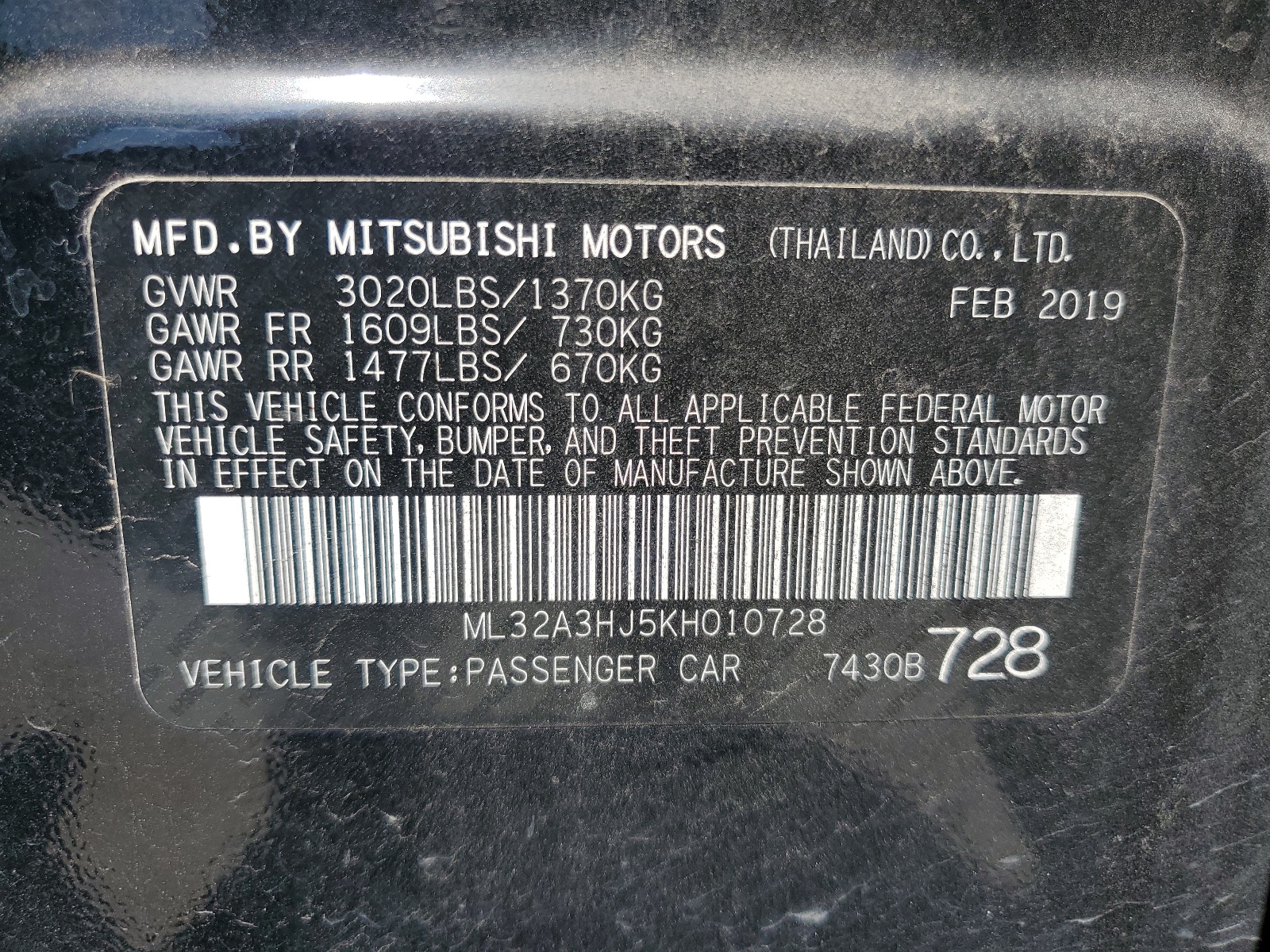 ML32A3HJ5KH010728 2019 Mitsubishi Mirage Es