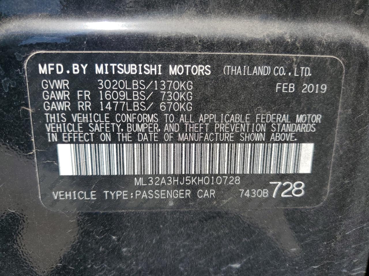 2019 Mitsubishi Mirage Es VIN: ML32A3HJ5KH010728 Lot: 60310974