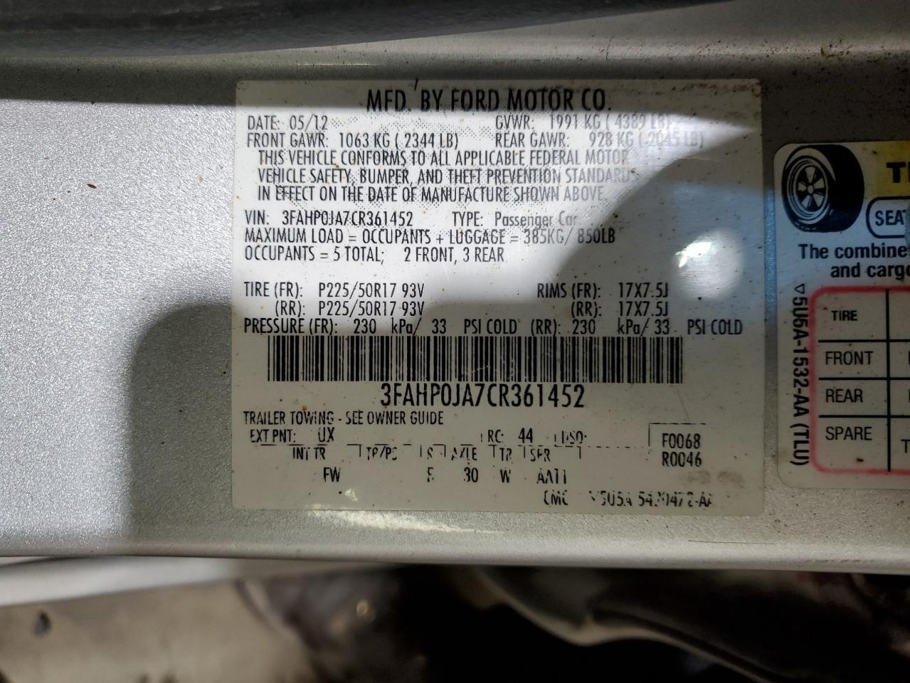 2012 Ford Fusion Sel VIN: 3FAHP0JA7CR361452 Lot: 60389764