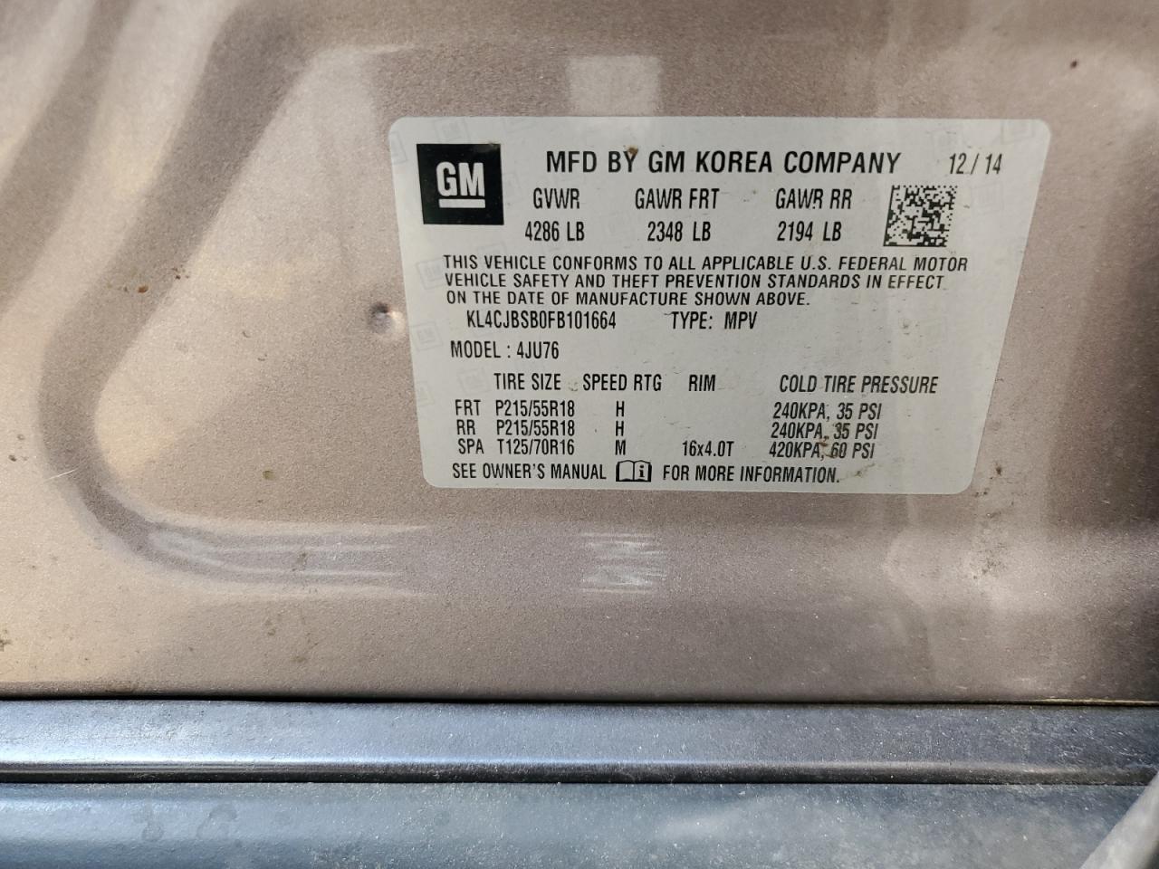 2015 Buick Encore Convenience VIN: KL4CJBSB0FB101664 Lot: 60767384