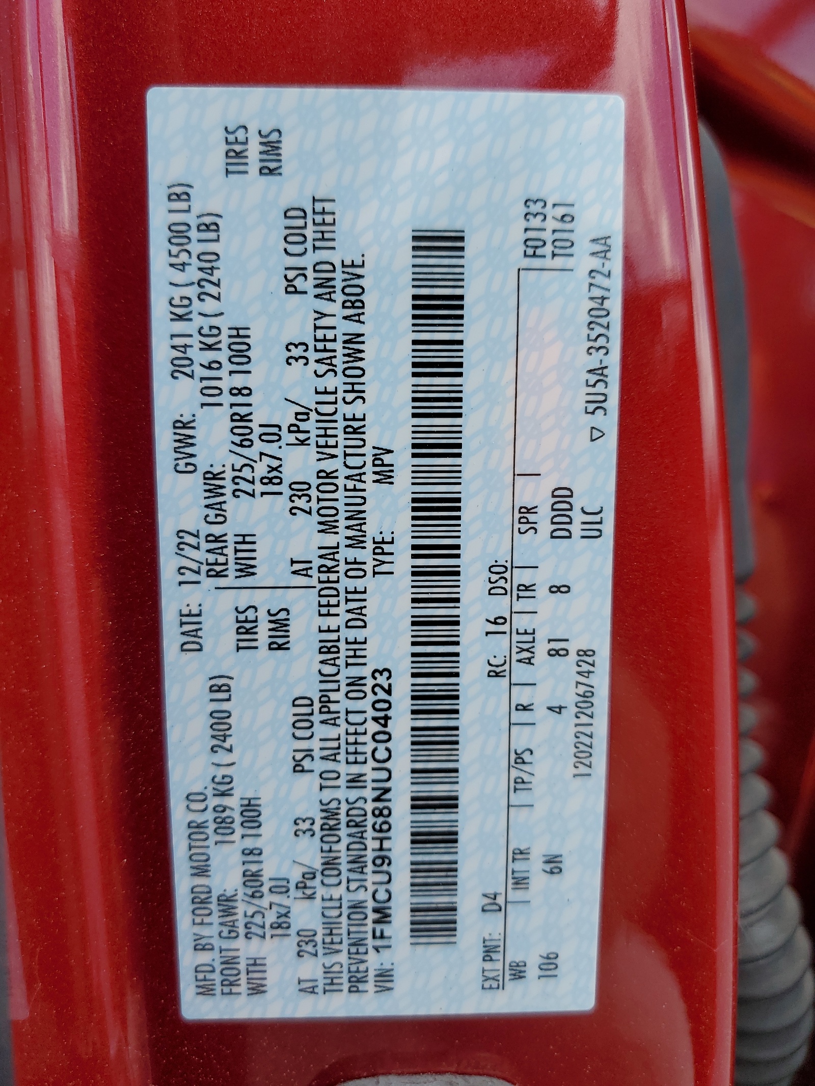 1FMCU9H68NUC04023 2022 Ford Escape Sel