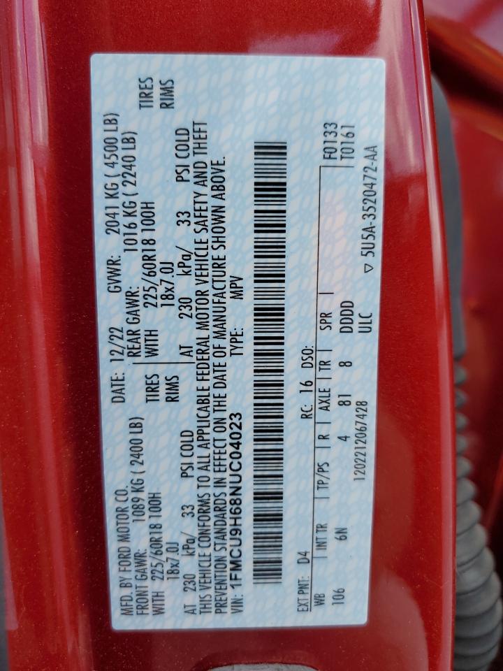 2022 Ford Escape Sel VIN: 1FMCU9H68NUC04023 Lot: 60041554