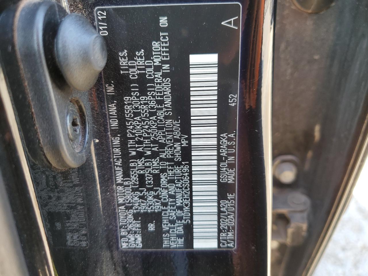 2012 Toyota Highlander Limited VIN: 5TDYK3EH2CS064961 Lot: 60168254