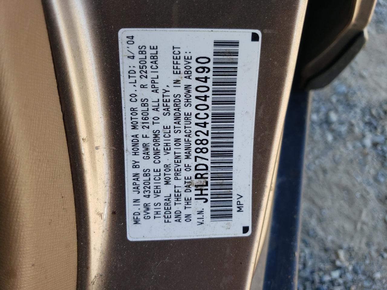 2004 Honda Cr-V Ex VIN: JHLRD78824C040490 Lot: 58978674