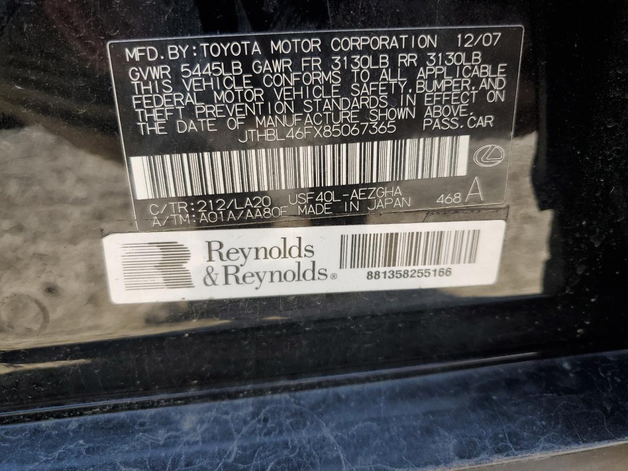 2008 Lexus Ls 460 VIN: JTHBL46FX85067365 Lot: 58499674