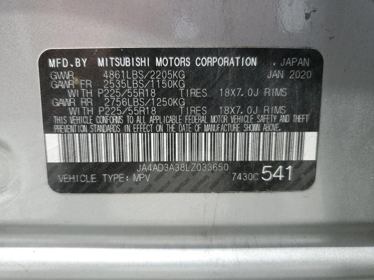 2020 Mitsubishi Outlander Se VIN: JA4AD3A38LZ033650 Lot: 60633114