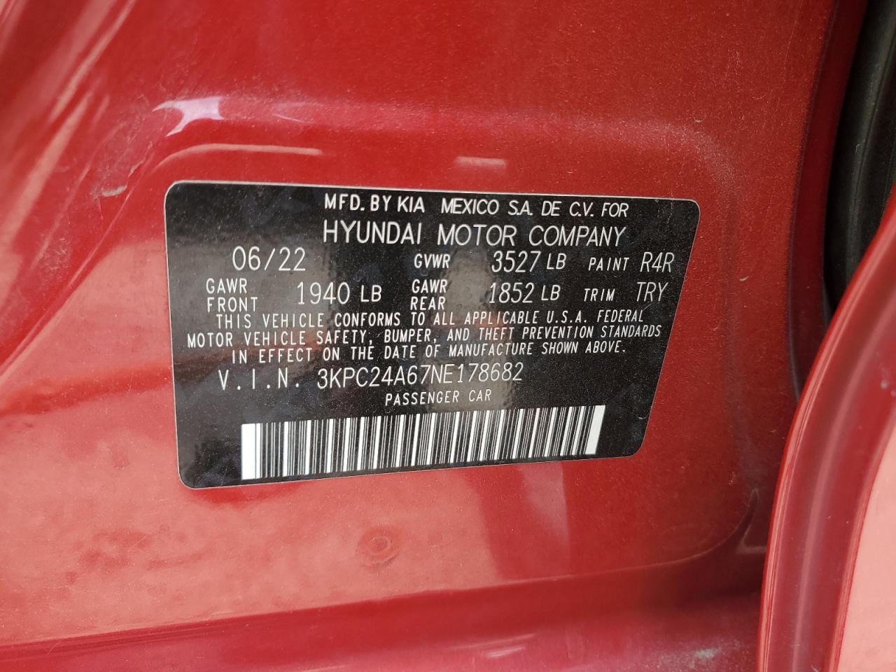 2022 Hyundai Accent Se VIN: 3KPC24A67NE178682 Lot: 59766124