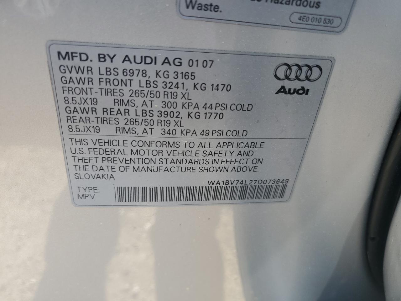 WA1BV74L27D073648 2007 Audi Q7 4.2 Quattro Premium