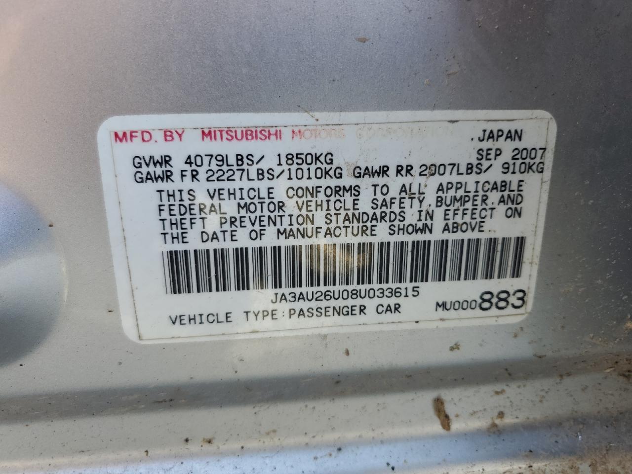 2008 Mitsubishi Lancer Es VIN: JA3AU26U08U033615 Lot: 60774474