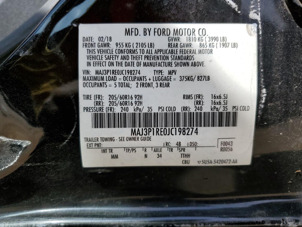 2018 Ford Ecosport S VIN: MAJ3P1RE0JC198274 Lot: 59906704